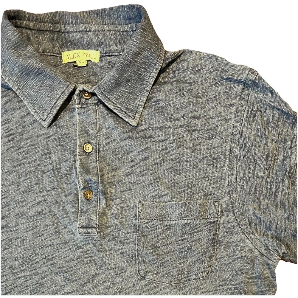 Alex Mill Polo Shirt Mens XL Blue Indigo‎ Dyed Slub Cotton Short Sleeve Pocket
